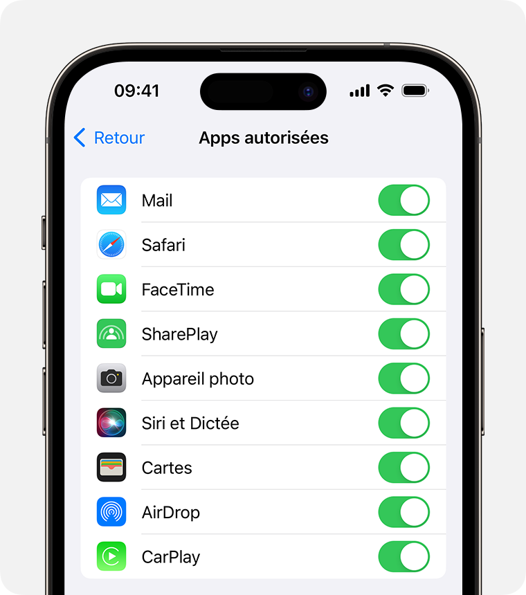 Écran d’iPhone présentant le réglage Apps autorisées 