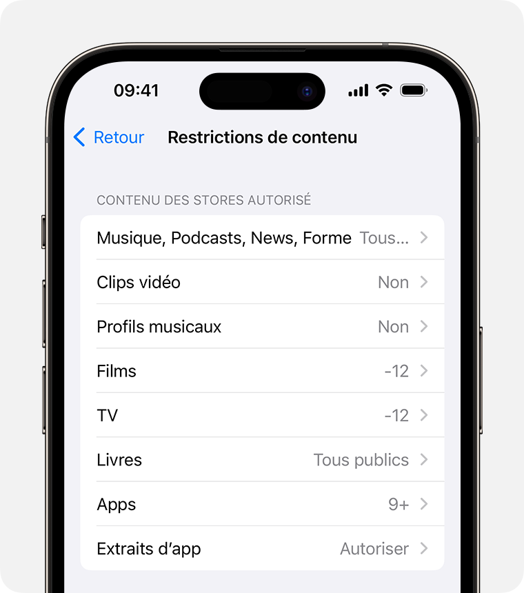 Écran d’iPhone présentant les options de restriction de contenu 
