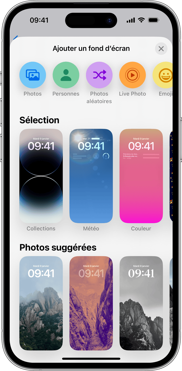 Options permettant d’ajouter un nouveau fond d’écran sous iOS 16