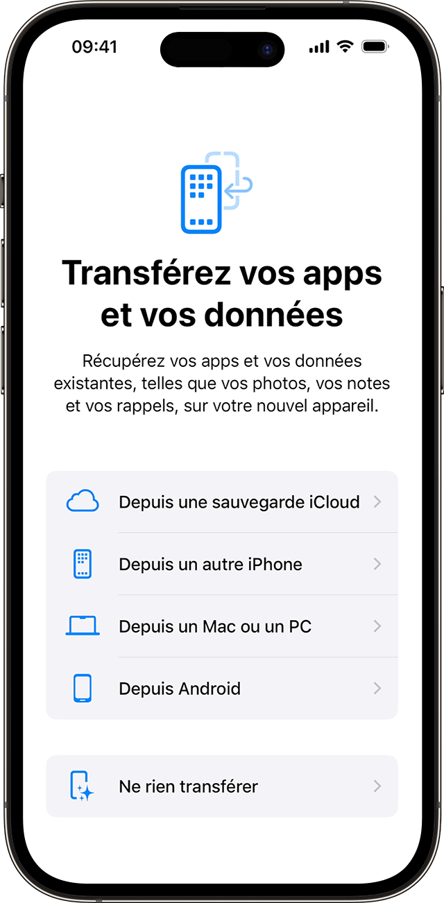 Les options Transférer vos apps et données lorsque vous configurez un iPhone sous iOS 17