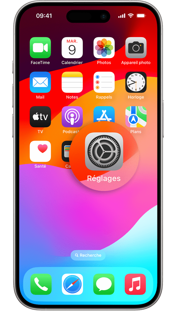Un iPhone montrant l’écran d’accueil avec l’icône de l’app Réglages agrandie.