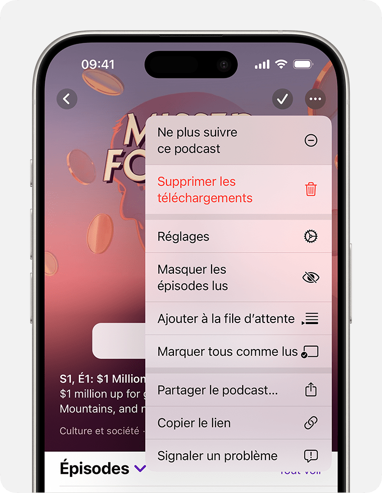 Sur un iPhone, le menu Plus s’affiche sur un podcast après avoir appuyé sur le bouton Plus en haut à droite de l’écran. Le bouton Plus se présente sous la forme d’un cercle avec des points de suspension. La première option du menu Plus est Ne plus suivre ce podcast.