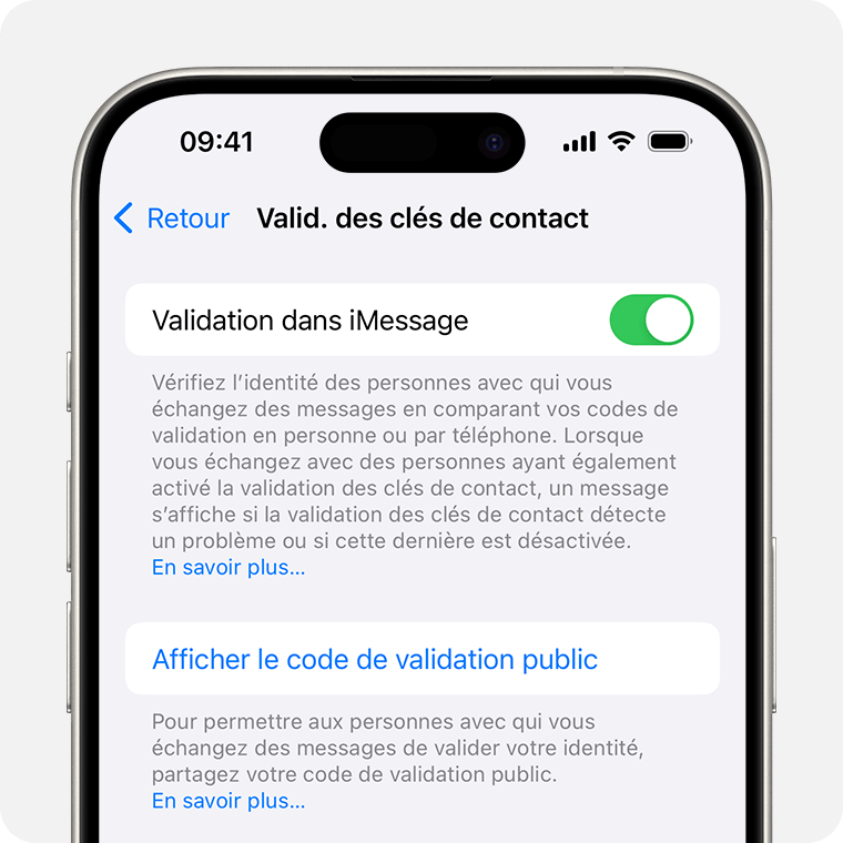 In Contact Key Verification settings, tap Show Public Verification Code to share your public code.