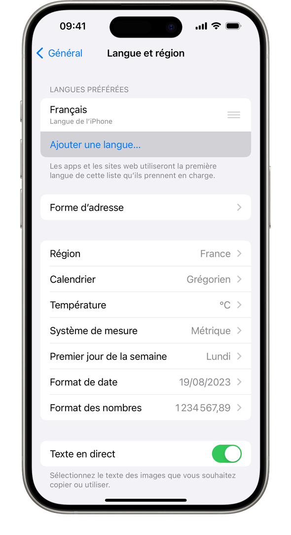 Un iPhone affichant le menu Langue et région, avec l’option Ajouter une langue en surbrillance.