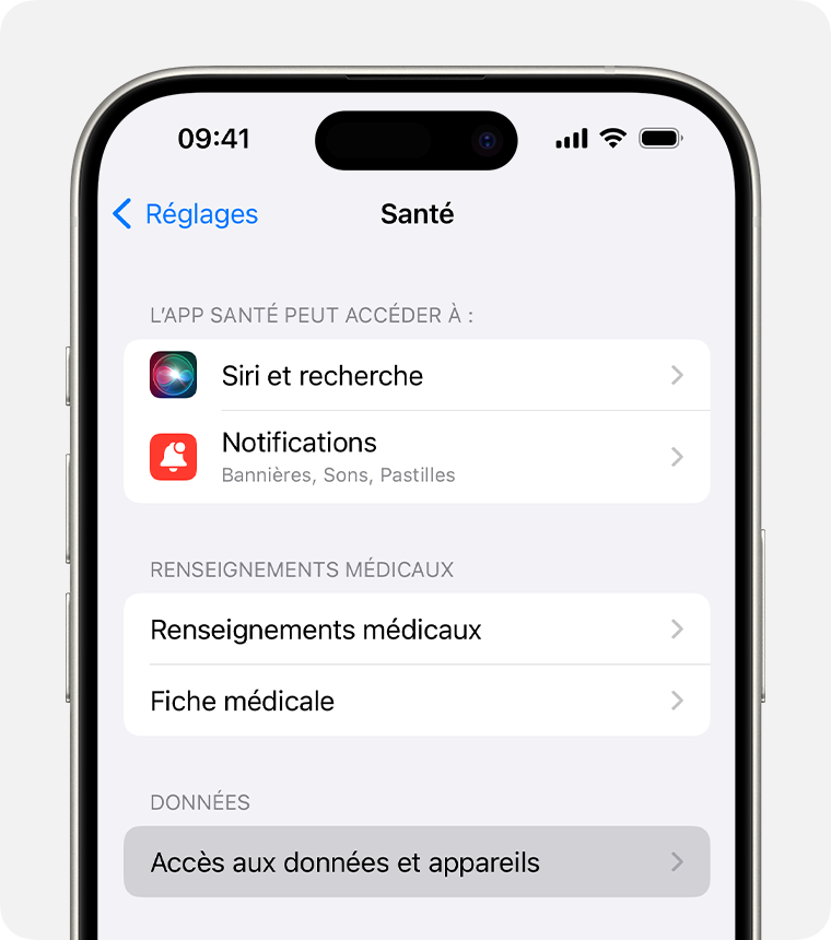 Dans les réglages Santé de l’iPhone, vous pouvez ajuster des réglages tels que l’accès de Siri aux données de l’app Santé.