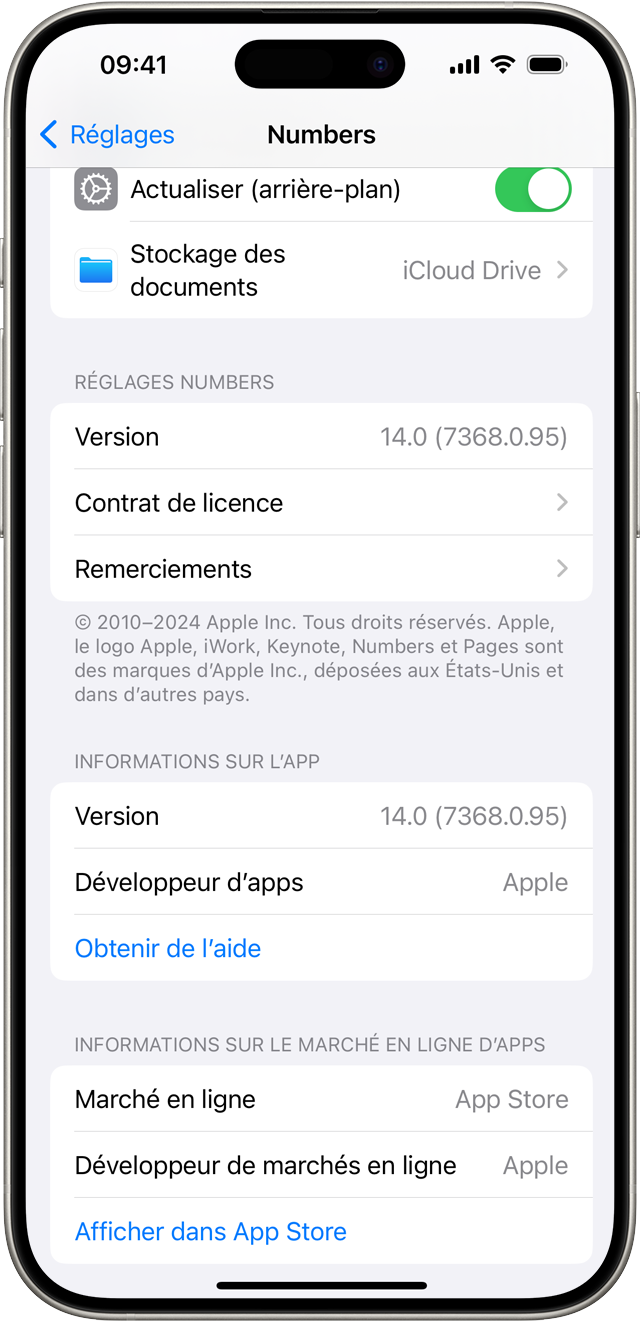 Écran Réglages d’une app installée sur un iPhone, affichant le nom du marché d’apps dont elle provient et un lien pour obtenir une assistance.