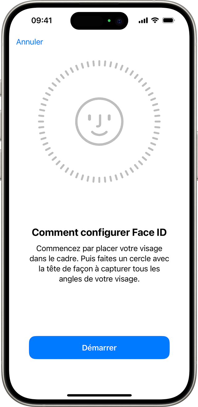 Début du processus de configuration de Face ID