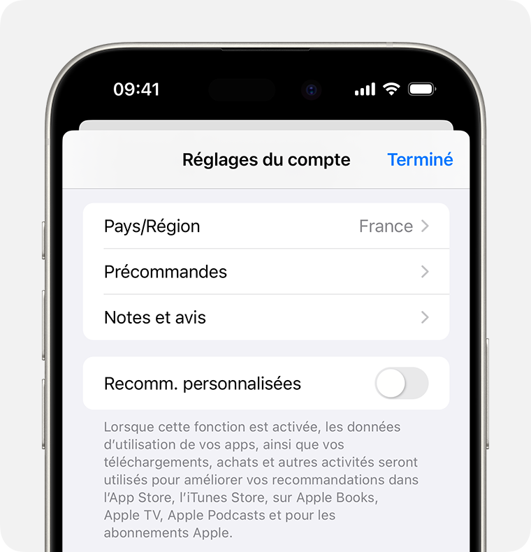 iPhone affichant l’option Précommandes dans les réglages du compte