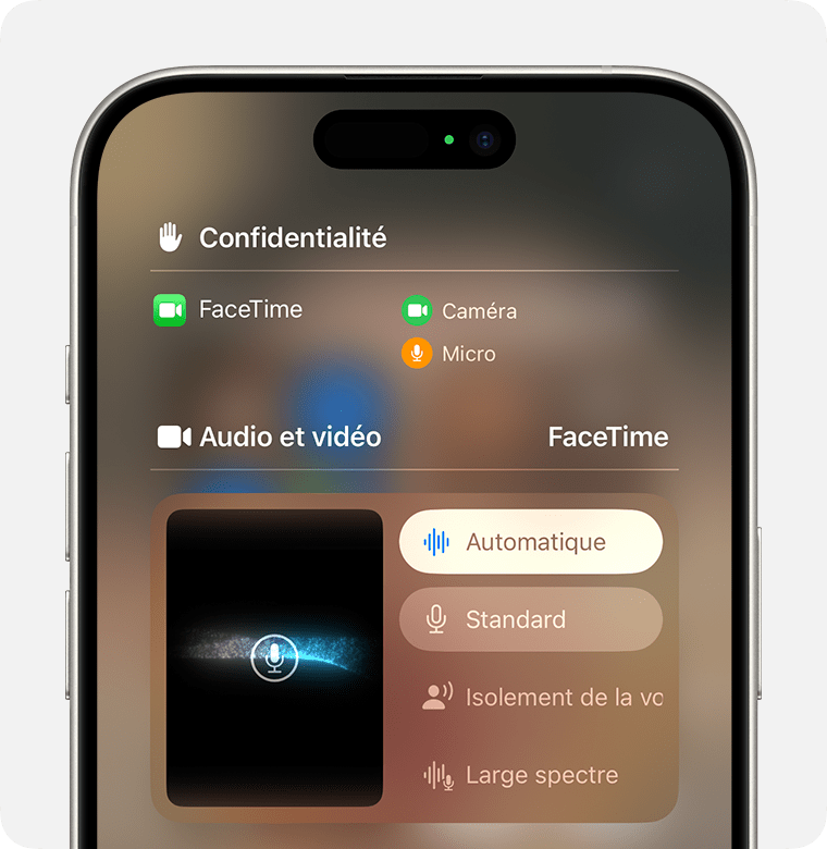 iPhone affichant les commandes audio de FaceTime dans le centre de contrôle. Le mode micro automatique est sélectionné sous Audio et vidéo.