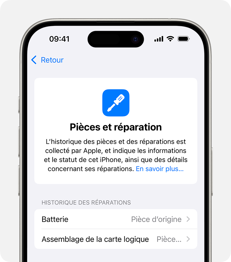 Écran Historique des pièces et des réparations, indiquant le remplacement de l’assemblage de la carte logique et de la batterie.