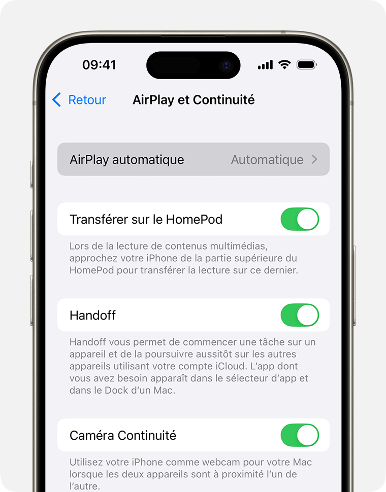 Automatique est sélectionné pour AirPlay automatique sur l’écran AirPlay et Handoff de l’iPhone