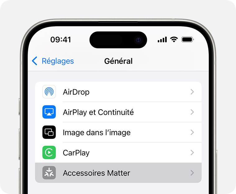 Accessoires Matter sous Réglages > Général sur iPhone