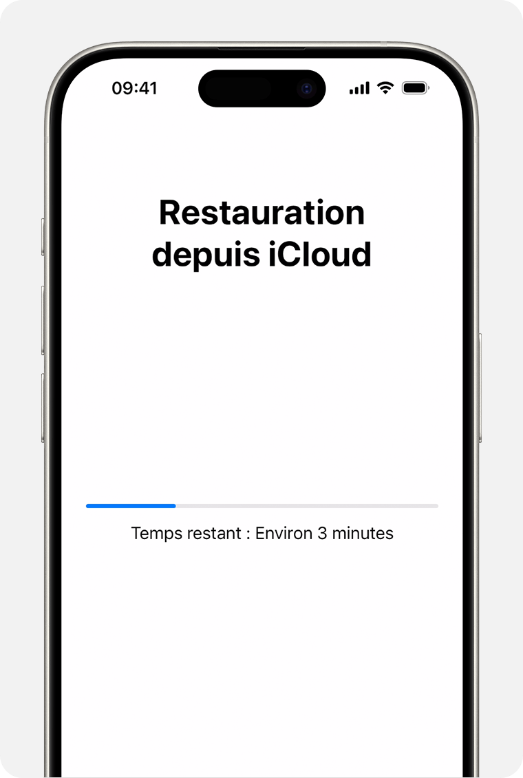 iPhone indiquant l’état de la restauration de votre appareil à partir d’une sauvegarde iCloud