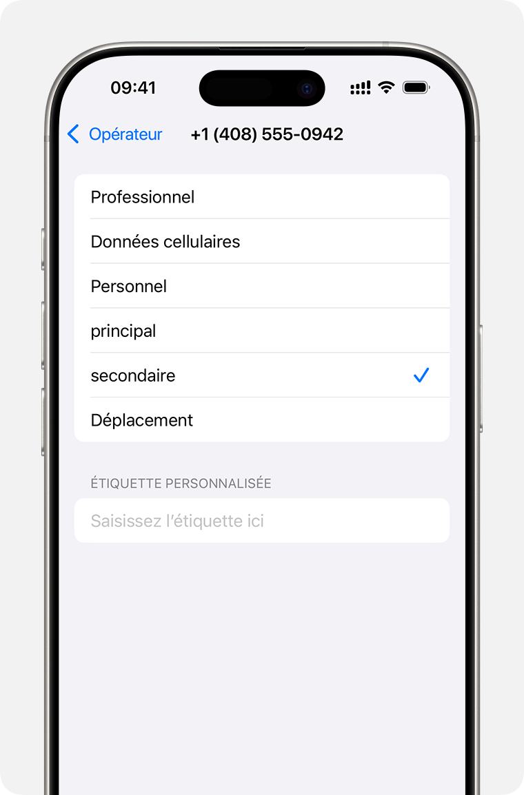 Menu de configuration de la double eSIM avec la liste des étiquettes des forfaits cellulaires