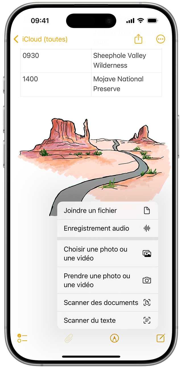 Sous iOS 18, appuyez sur le bouton Pièce jointe, qui ressemble à un trombone, pour ajouter une photo ou une vidéo ou numériser un document dans votre note. 