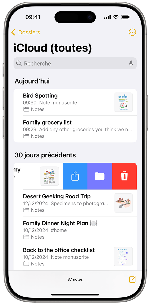 Balayez vers la gauche sur une note de la liste Notes, puis touchez le bouton Supprimer pour supprimer une note sous iOS 18.