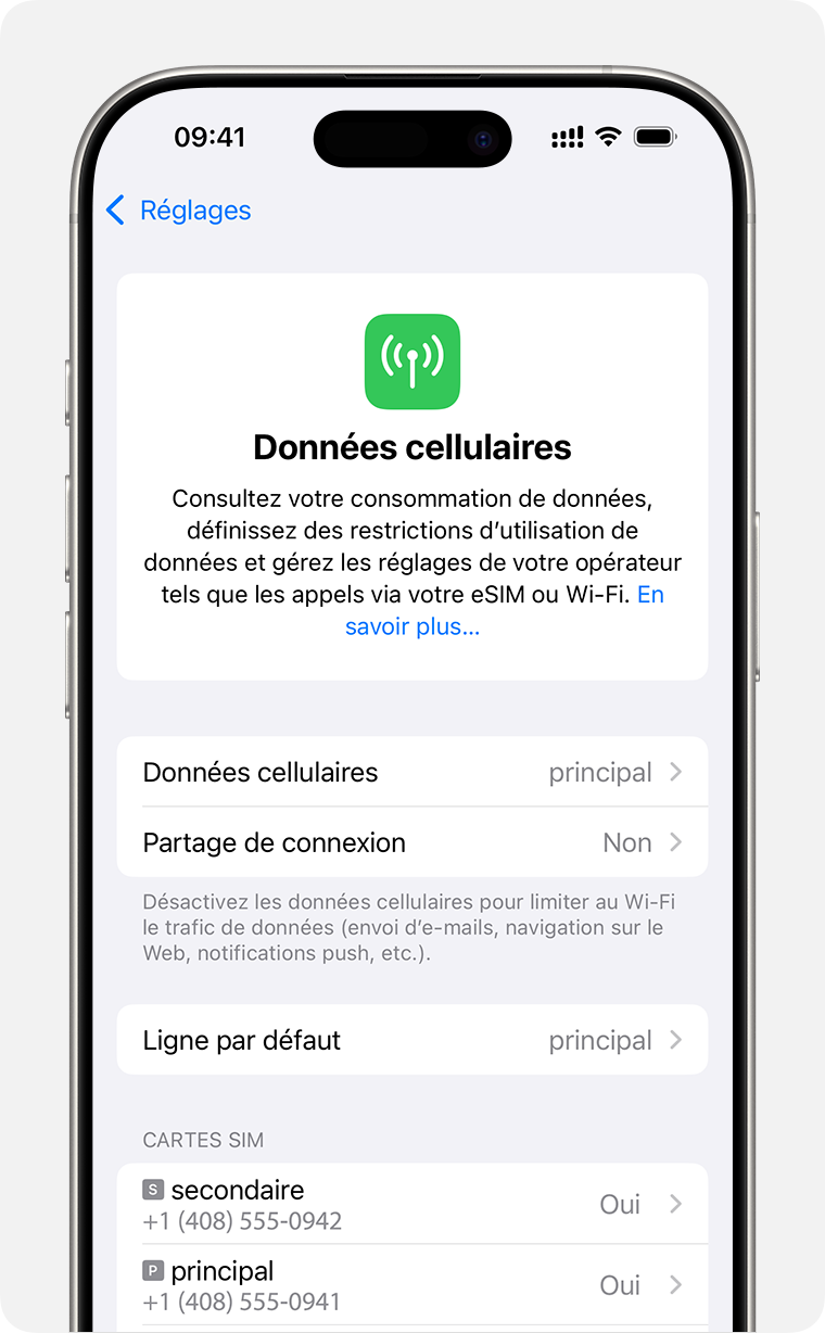 Écran d’iPhone permettant de gérer les réglages des données mobiles pour chacun de vos forfaits