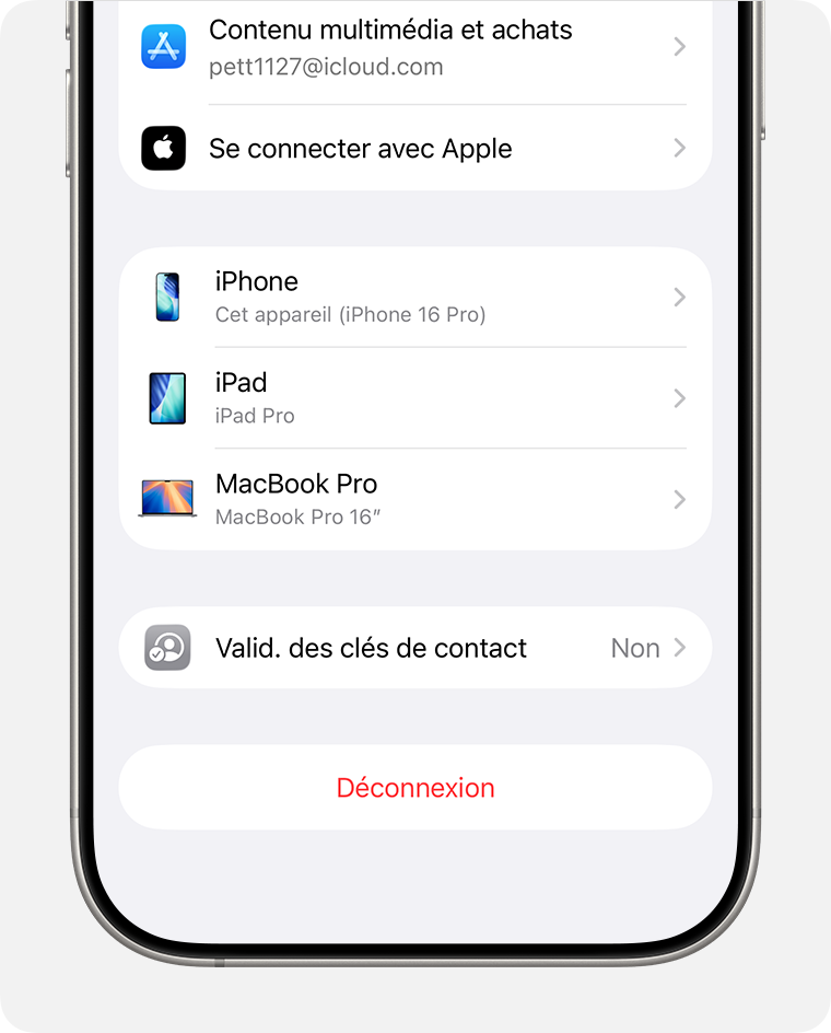 Validation des clés de contact dans les réglages du compte Apple sur l’iPhone.