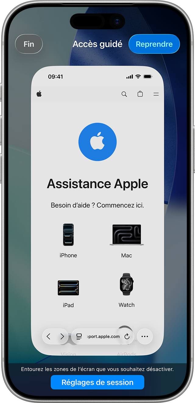 Écran d’Accès guidé lorsque la session est mise en pause.