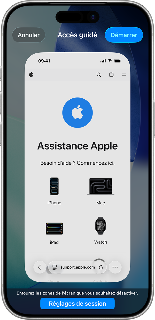 Écran Accès guidé avant le début de la session. 