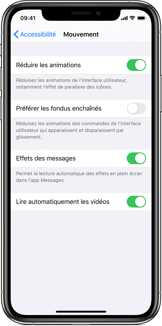 Un iPhone avec la fonctionnalité Réduire les animations activée