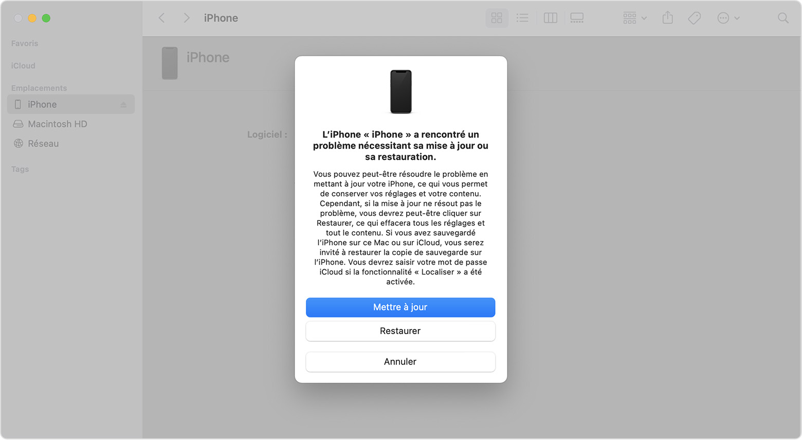 Une fenêtre du Finder sur un Mac affichant des options pour restaurer ou mettre à jour votre iPhone