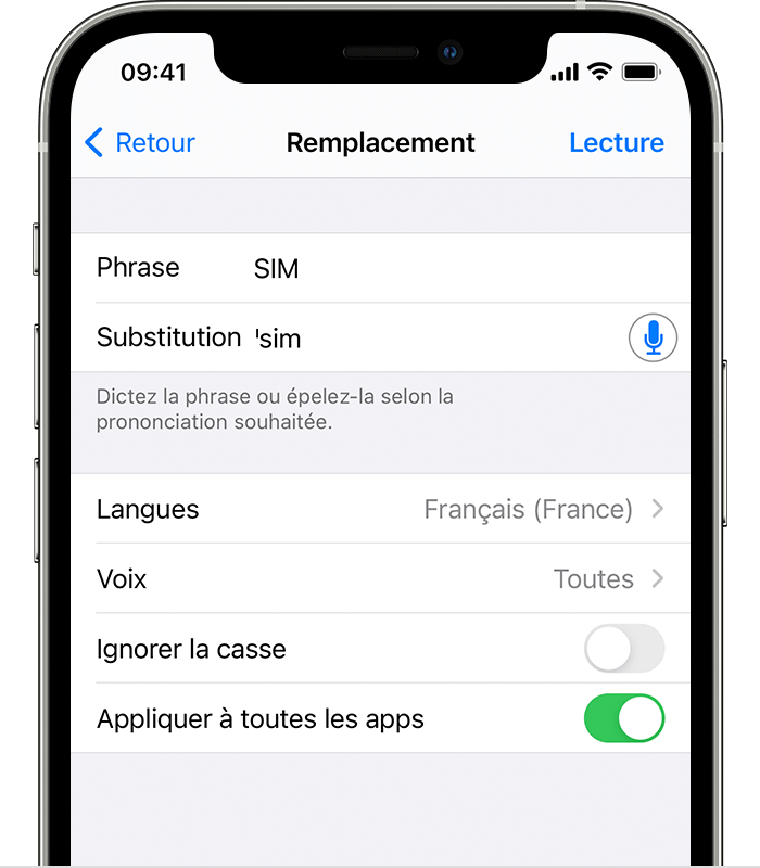 Écran d’iPhone montrant le mot SIM dans le champ Phrase et la prononciation de SIM dans le champ Substitution.