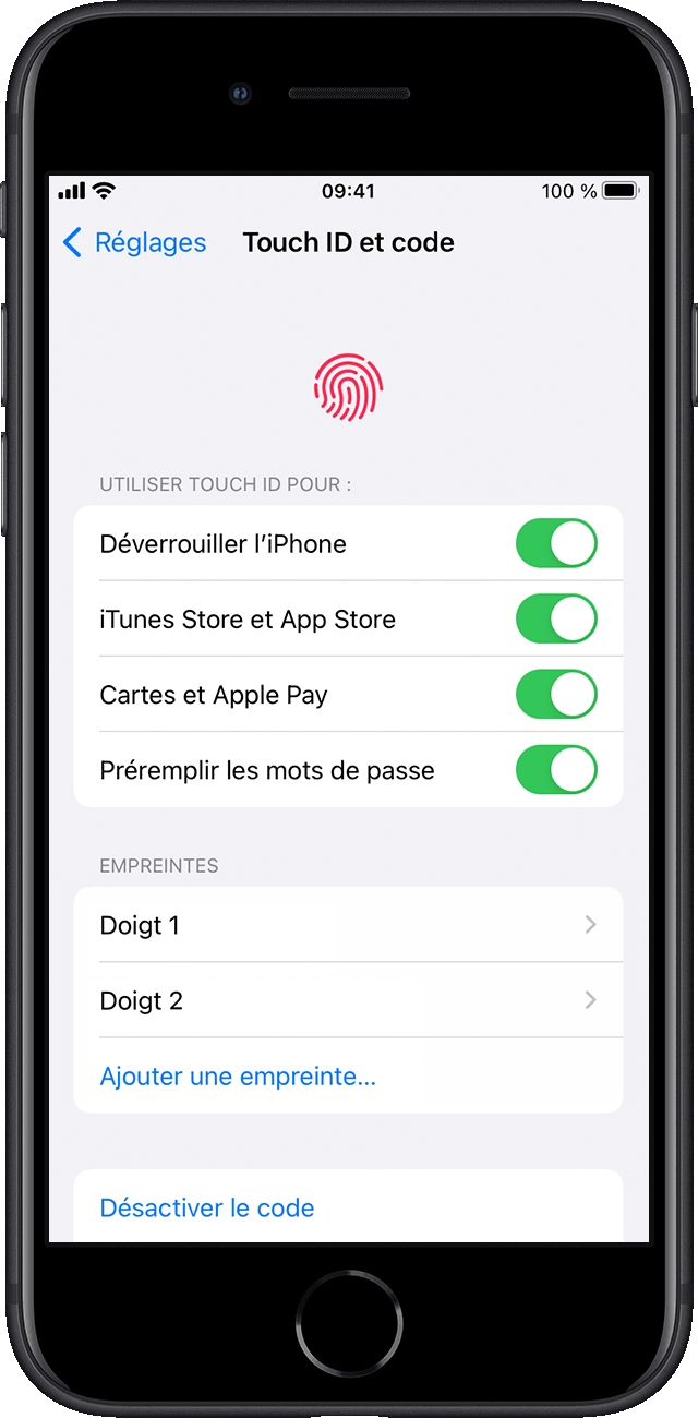 Code d’accès permettant de configurer Touch ID sur un iPhone SE sous iOS 15