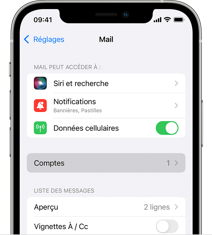 Accédez à Réglages > Mail pour commencer à configurer votre compte de messagerie automatiquement sur votre iPhone.