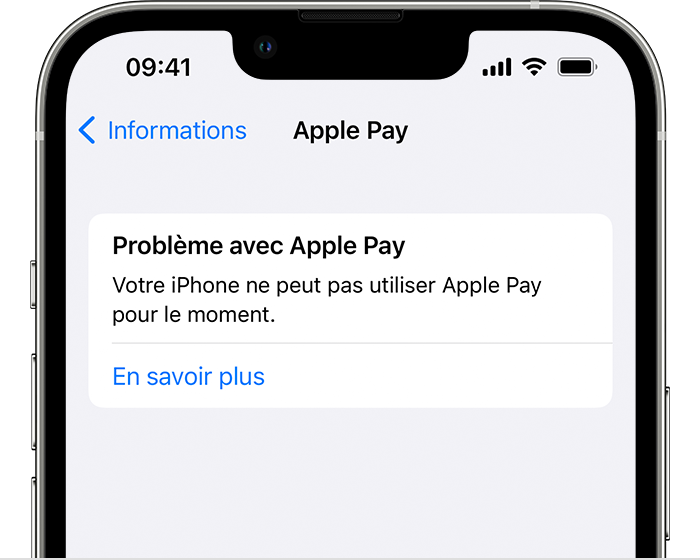 Message d’erreur indiquant un problème avec Apple Pay sur un iPhone. Le message informe l’utilisateur que son iPhone ne peut pas utiliser Apple Pay.