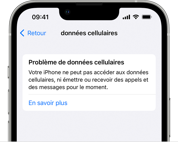 Message d’erreur indiquant un problème de données cellulaires sur un iPhone. Le message informe l’utilisateur que son iPhone ne peut pas accéder aux données cellulaires, ni émettre ou recevoir des appels et des messages.