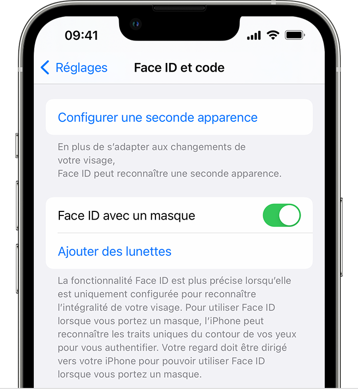 Si vous utilisez un iPhone 12 (ou modèle ultérieur) et iOS 15.4 (ou version ultérieure), la page Face ID et code des Réglages propose une option pour activer Face ID avec un masque.