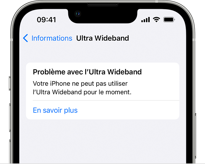 Message d’erreur indiquant un problème avec l’Ultra Wideband sur un iPhone. Le message informe l’utilisateur que son iPhone ne peut pas utiliser l’Ultra Wideband.
