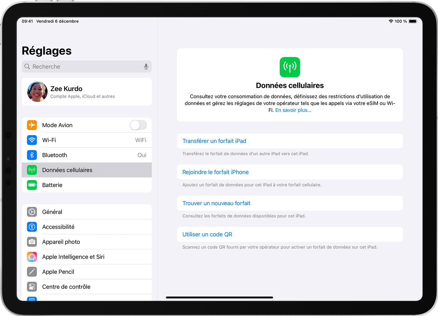 Écran d’iPad Pro affichant les options de forfait de données cellulaires pour la configuration d’une eSIM.