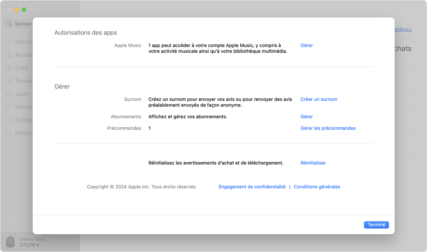 App Store sur Mac affichant les précommandes dans les réglages du compte