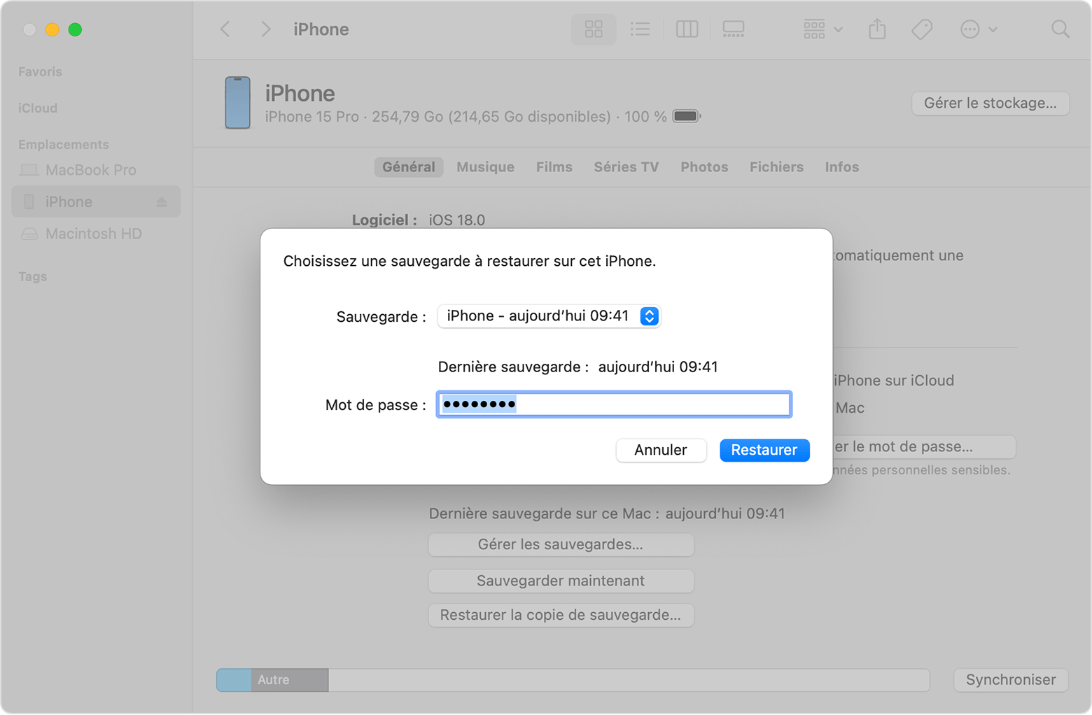 Fenêtre du Finder avec un message demandant de choisir une sauvegarde et de saisir votre mot de passe