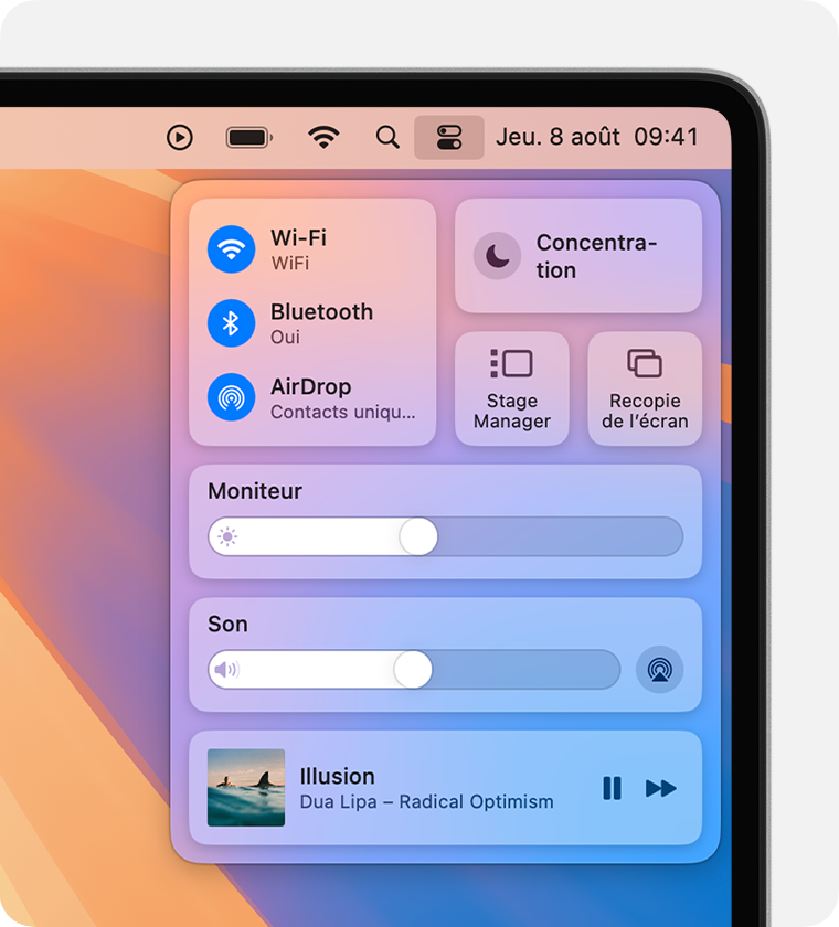 Divers modules du centre de contrôle apparaissent sous la barre de menus du Mac