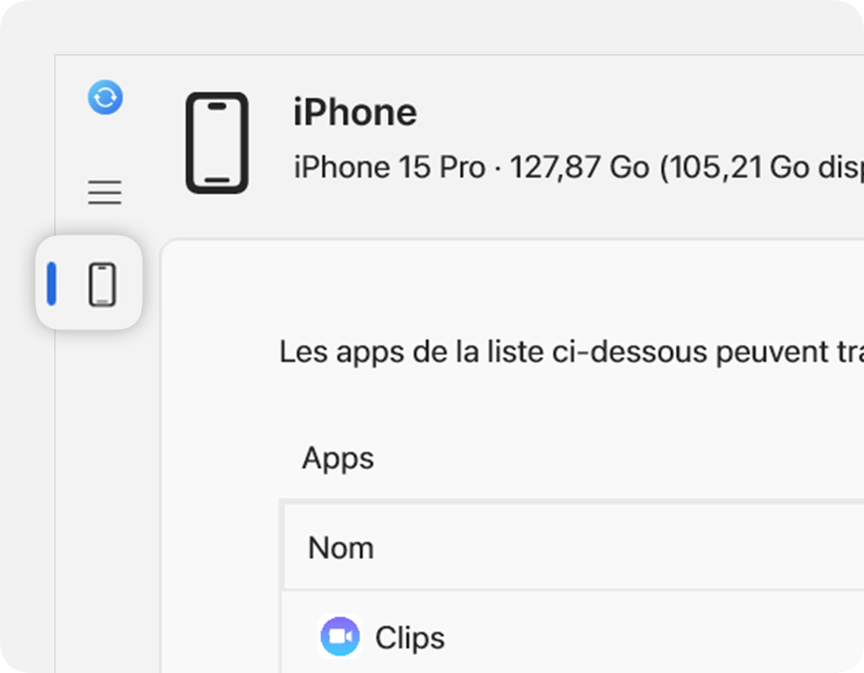 App Appareils Apple affichant votre appareil connecté dans la barre latérale