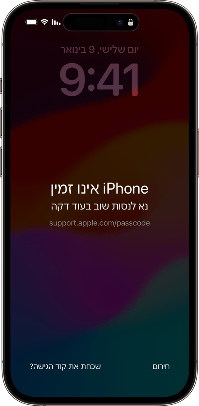 ההודעה 'ה-iPhone לא זמין' מופיעה ב-iPhone לאחר שהוזן קוד גישה שגוי.