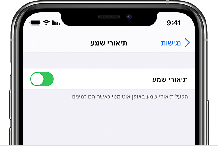 הכפתור 'תיאורי שמע' ב'הגדרות' ב-iPhone