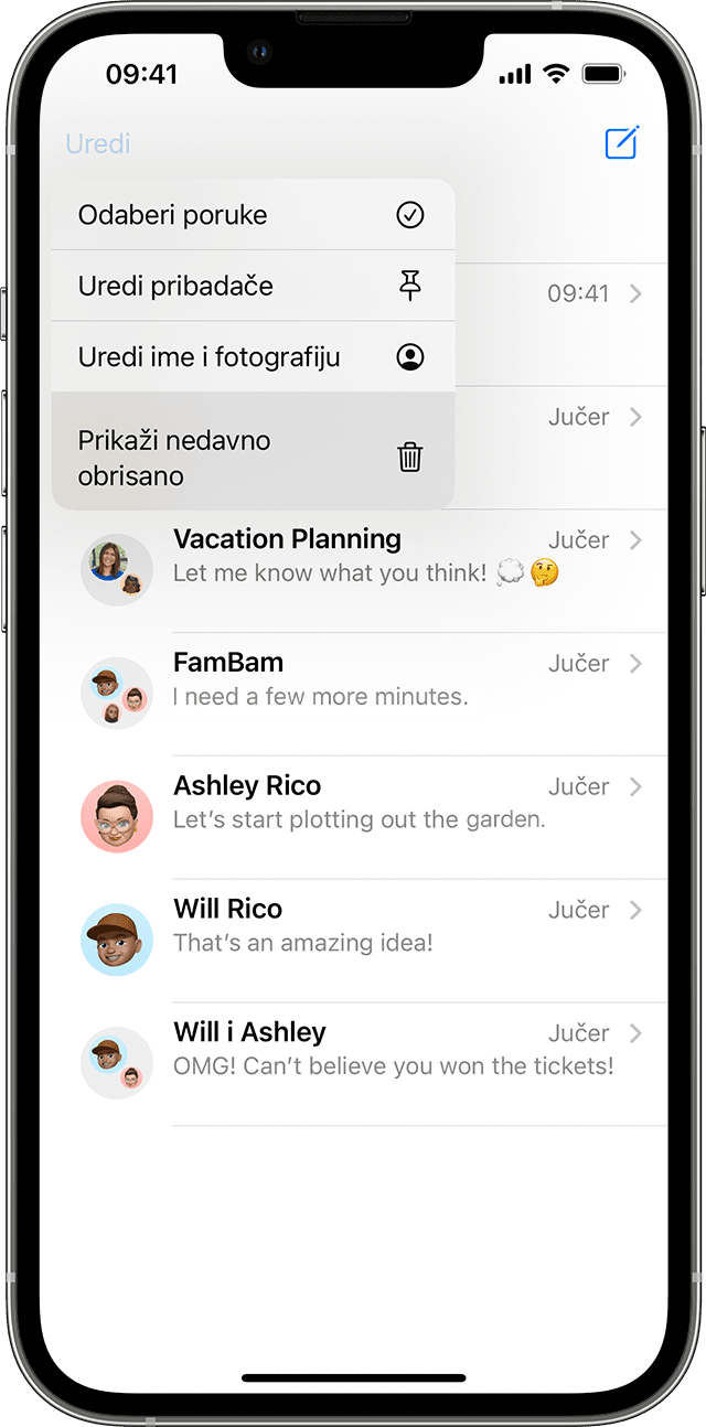 Na stranici razgovora u aplikaciji Poruke dodirnite Uredi kako biste pronašli opciju za prikaz nedavno obrisanih poruka.