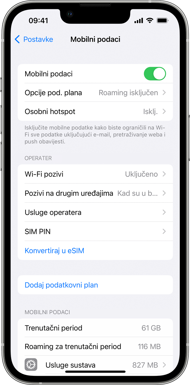 Zaslon iPhone uređaja s postavkama mobilnih podataka