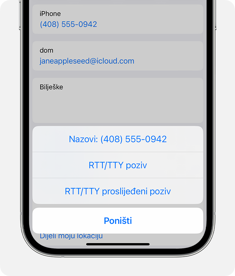 Zaslon iPhone uređaja na kojem se prikazuje izbornik za odabir zaslon s izbornikom za odabir RTT/TTY poziva ili RTT/TTY proslijeđenog poziva