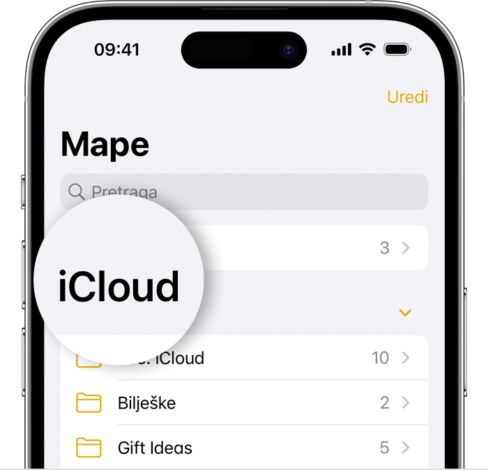 iPhone uređaj s prikazanim zaslonom Mape u aplikaciji Bilješke i posebno istaknutom mapom iCloud