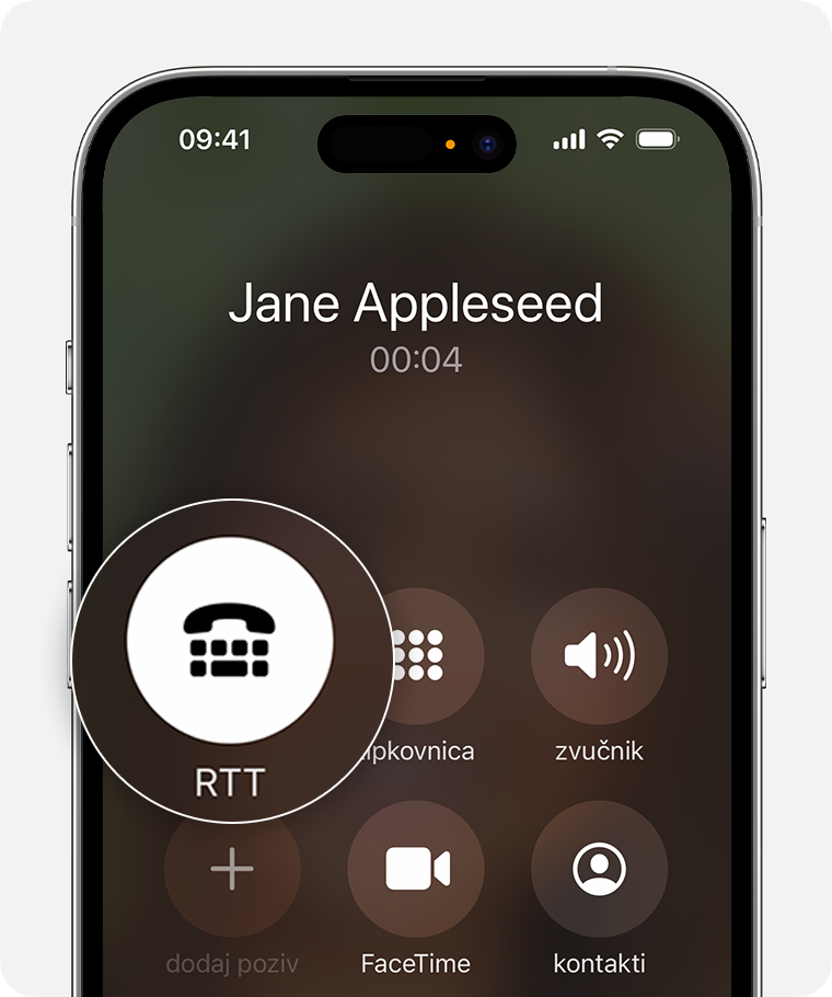 Zaslon iPhone uređaja na kojem se prikazuje povezivanje RTT poziva
