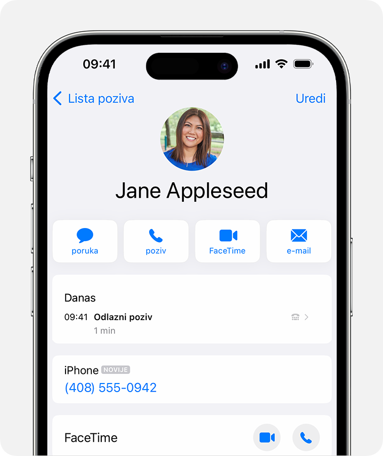 Zaslon iPhone uređaja s prikazom svih poziva za kontakt