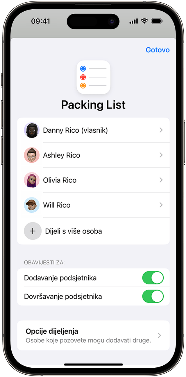 Na iPhone uređaju možete podijeliti popis podsjetnika s kontaktima, ali morate promijeniti automatsko slanje obavijesti podešavanjem opcija upravljanja dijeljenim popisom.