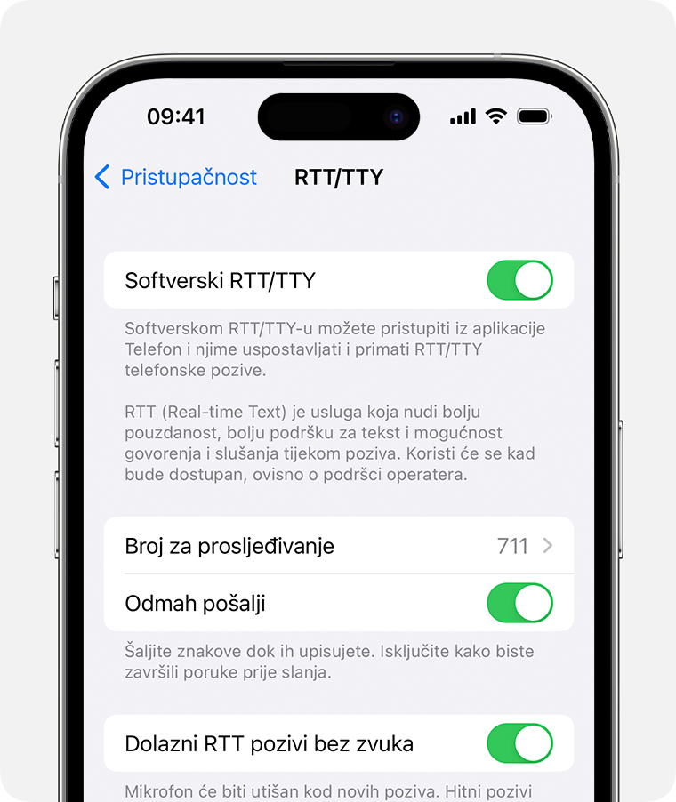 Zaslon iPhone uređaja s uključenom značajkom RTT/TTY