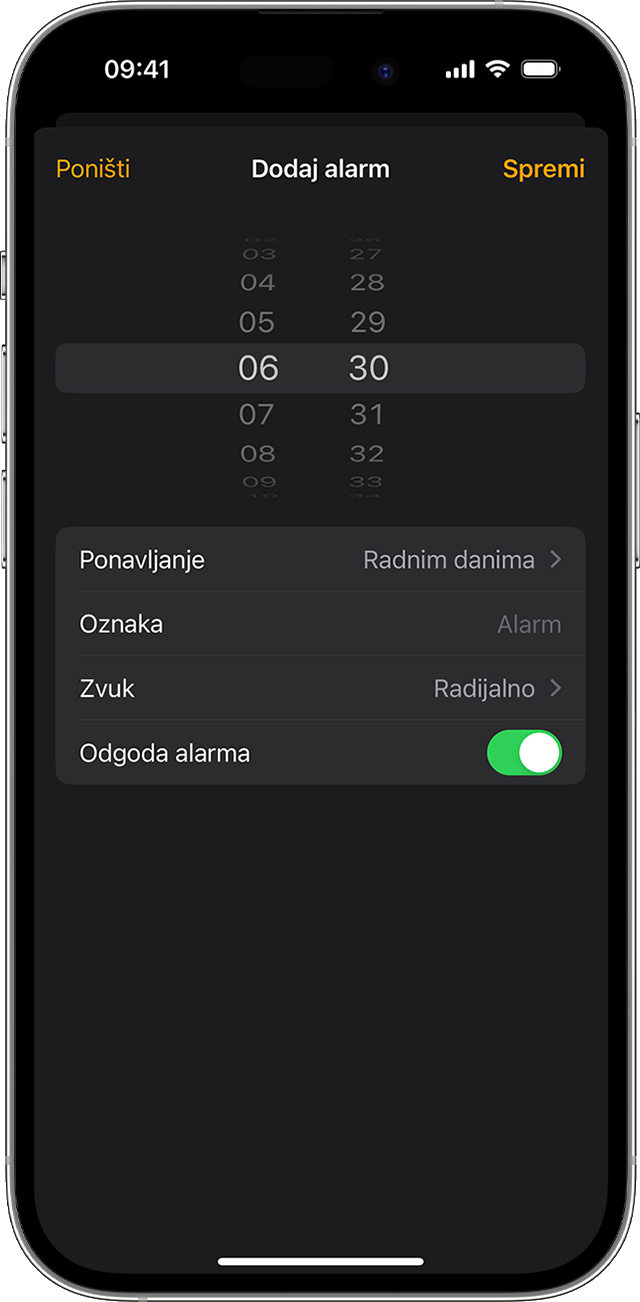 Postavite alarm na iPhone uređaju u aplikaciji Sat. 