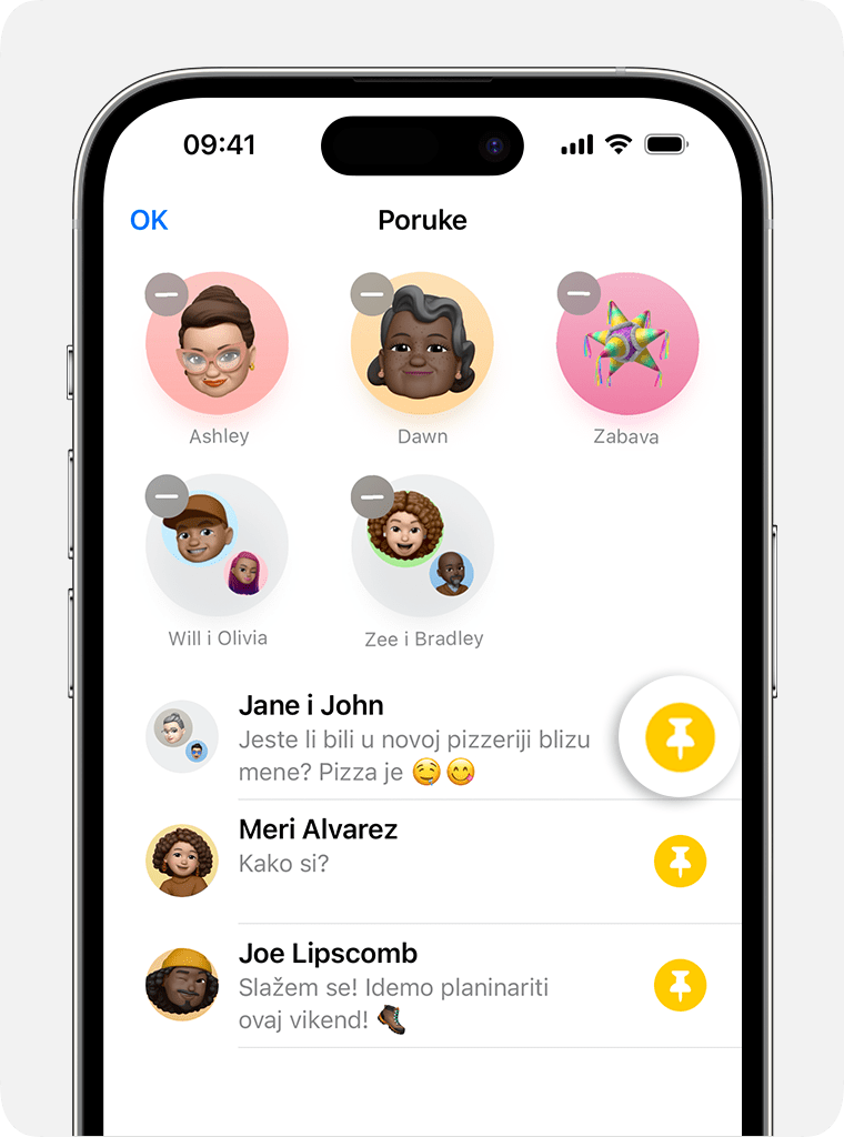 U aplikaciji Poruke pomoću ikone pribadače odaberite razgovore koje želite zadržati na vrhu stranice razgovora.